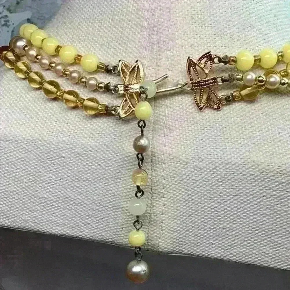 Vintage Japan 3 Strand Necklace - Yellows and Cream - Picture 2 of 3